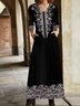 Femmes Floral Noir Col V Confortable Poche Couture Robe Maxi Décontracté