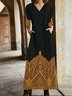 Femmes Ethnique Noir Col V Confortable Poche Couture Robe Maxi Rétro