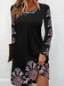 Femmes Ethnique Noir Col Rond Confortable Mini Robe Rétro