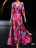 Femmes Floral Rouge Col V Confortable Robe Maxi Décontracté