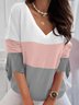 T-shirts Femmes Décontracté Bloc de Couleur Printemps / Automne Col V Quotidien Ample Jersey Manches trois quarts Régulier