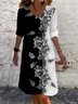 Femmes Floral Noir-Blanc Col V Confortable Robe Mi-Longue Décontracté