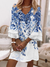 Femmes Floral Bleu Col V Confortable Mini Robe Décontracté