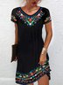 Femmes Ethnique Bleu Col Rond Confortable Mini Robe Décontracté
