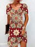 Femmes Ethnique Rouge Vineux Col Rond Confortable Mini Robe Décontracté