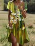 Femmes Floral Vert Col Rond Confortable Robe Mi-Longue Décontracté