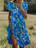 Femmes Floral Bleu Col Rond Confortable Robe Mi-Longue Décontracté