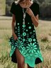 Femmes Floral Lac Bleu Col Rond Confortable Robe Mi-Longue Décontracté