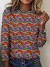T-shirts Rétro Printemps / Automne Plaid Coton Micro-élasticité Col Rond Régulier Trapèze Régulier pour Femmes