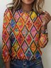 T-shirts Rétro Printemps / Automne Plaid Polyester Micro-élasticité Quotidien Manches Longues Trapèze Régulier pour Femmes