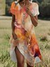 Femmes Abstrait Orange Col Rond Confortable Robe Mi-Longue Décontracté