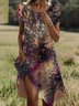 Femmes Floral Multicolore Col Rond Confortable Robe Mi-Longue Décontracté