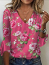 T-shirts Femmes Décontracté Floral Été Col V Aucune élasticité Quotidien Jersey Demi Manche Droit