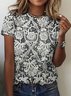 T-shirts Rétro Floral Été Micro-élasticité Quotidien Coupe Régulière Manches Courtes Col Rond Trapèze pour Femmes