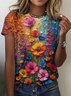T-shirts Femmes Rétro Floral Été Coton Quotidien Coupe Régulière Col Rond Régulier Régulier