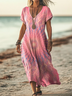 Femmes Teint Noué Rose Col V Confortable Imprimé Robe Maxi Décontracté