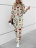 Deux Pièces Ensembles Décontracté Floral Printemps / Automne Cordon de Serrage Quotidien Taille Moyenne Col Rond Top Avec Pantalons Droit pour Femmes