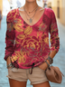 T-shirts Décontracté Floral Printemps / Automne Col V Aucune élasticité Coupe Régulière Jersey Manches Longues Régulier pour Femmes
