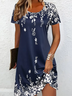 Femmes Floral Bleu Violacé Col Rond Confortable Imprimé Mini Robe Décontracté