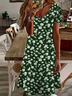 Femmes Floral Vert Col V Confortable Imprimé Robe de Longueur Au Genou Décontracté