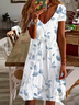 Femmes Floral Blanc Col V Confortable Imprimé Robe de Longueur Au Genou Décontracté