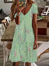 Femmes Floral Vert Col V Confortable Imprimé Robe de Longueur Au Genou Décontracté