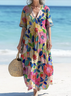 Femmes Floral Rose Col V Confortable Robe Maxi Décontracté