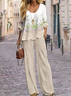 Deux Pièces Ensembles Femmes Décontracté Floral Printemps / Automne Polyester Imprimé Naturel Col Rond Top Avec Pantalons T.-N.-L.
