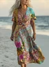 Femmes Floral Bleu Aqua Col V Confortable Robe Maxi Rétro