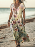Femmes Floral Kaki Clair Col V Confortable Robe Maxi Décontracté