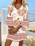 Femmes Floral Bleu Col V Confortable Robe Mi-Longue Boho