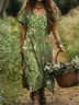 Femmes Floral Vert Col V Confortable Robe Maxi Décontracté