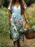 Femmes Floral Bleu Clair Col V Confortable Robe Maxi Décontracté