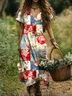 Femmes Floral Abricot Col V Confortable Robe Maxi Décontracté