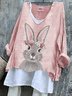 T-shirts Femmes Rétro Printemps / Automne PÂQUES (lapin) Col V Micro-élasticité Quotidien Ample Manches Longues Trapèze