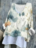 T-shirts en Lin Floral Printemps / Automne Coton Col V Micro-élasticité Quotidien Ample Manches Longues pour Femmes