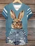 T-shirts Femmes Décontracté Été PÂQUES (lapin) Col V Micro-élasticité Manches Courtes en Mélangé de Coton Trapèze Régulier