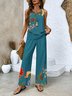 Deux Pièces Ensembles Décontracté Floral Été Polyester Naturel Micro-élasticité Coupe Régulière Trapèze Régulier pour Femmes