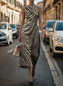 Femmes Abstrait Rayé Brun Col Rond Confortable Imprimé Robe Maxi Rétro