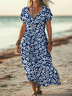 Femmes Floral Bleu Violacé Col V Confortable Imprimé Robe Maxi Décontracté