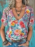 T-shirts Femmes Décontracté Floral Été Coton Col V Micro-élasticité Quotidien Coupe Régulière Régulier