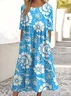 Femmes Floral Bleu Aqua Col Rond Confortable Robe Maxi Décontracté