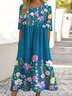 Femmes Floral Bleu Marine Col Rond Confortable Robe Maxi Décontracté