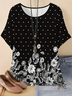 T-shirts Femmes Pois Polka Rétro Printemps / Automne en Lin Manche Dolman Ample Manches trois quarts Col Rond Régulier