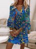 Femmes Floral Bleu Col V Confortable Robe Mi-Longue Boho
