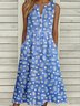 Femmes Floral Bleu Entaillé Confortable Boucle Robe Mi-Longue Décontracté
