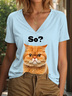 T-shirts Femmes Décontracté Été Chat Coton Col V Micro-élasticité Coupe Régulière Manches Courtes Trapèze