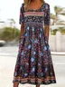 Femmes Floral Bleu Col Rond Confortable Robe Maxi Décontracté