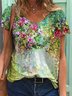 T-shirts Femmes Décontracté Floral Été Coton Col V Micro-élasticité Manches Courtes Régulier Trapèze