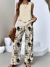 Deux Pièces Ensembles Femmes Décontracté Floral Été Quotidien Coupe Régulière Sans Manches Top Avec Pantalons Trapèze Régulier